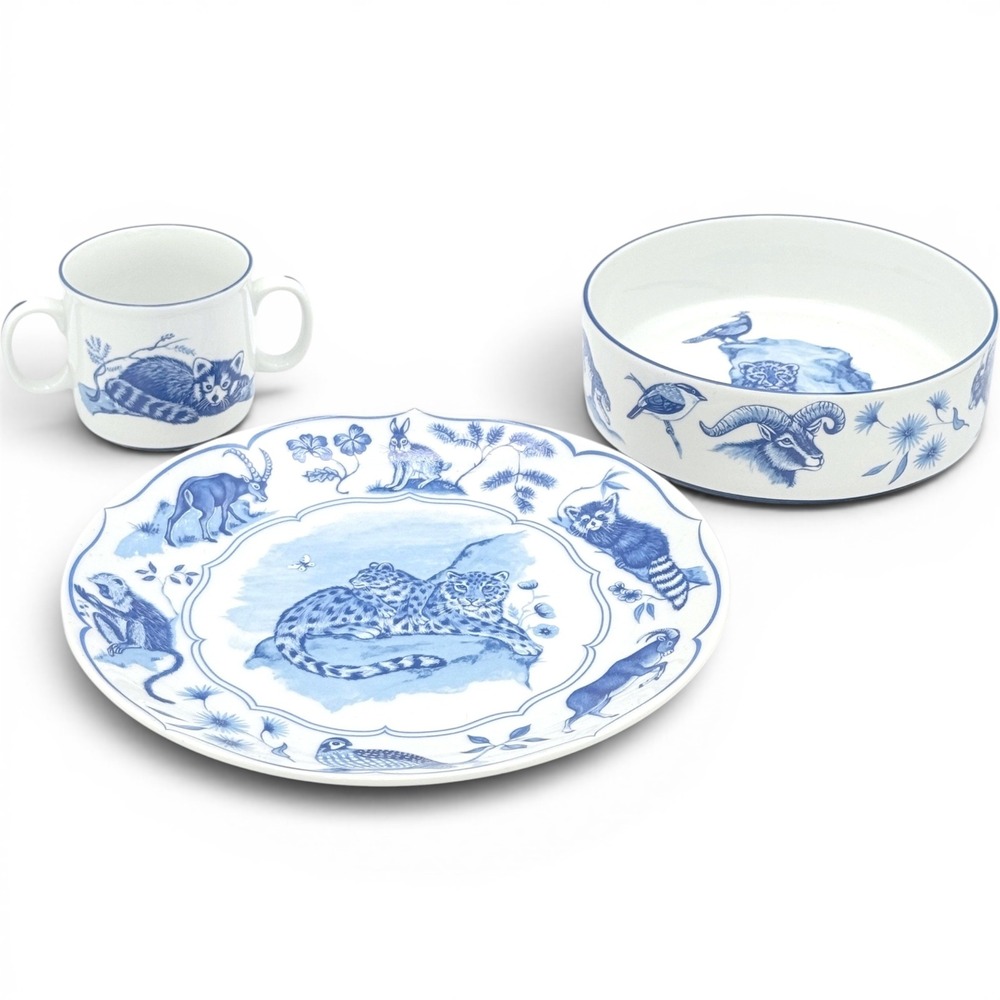 Lynn Chase Shangri-La 1992 3pc Child Set Plate Bowl Mug Wildlife Blue White